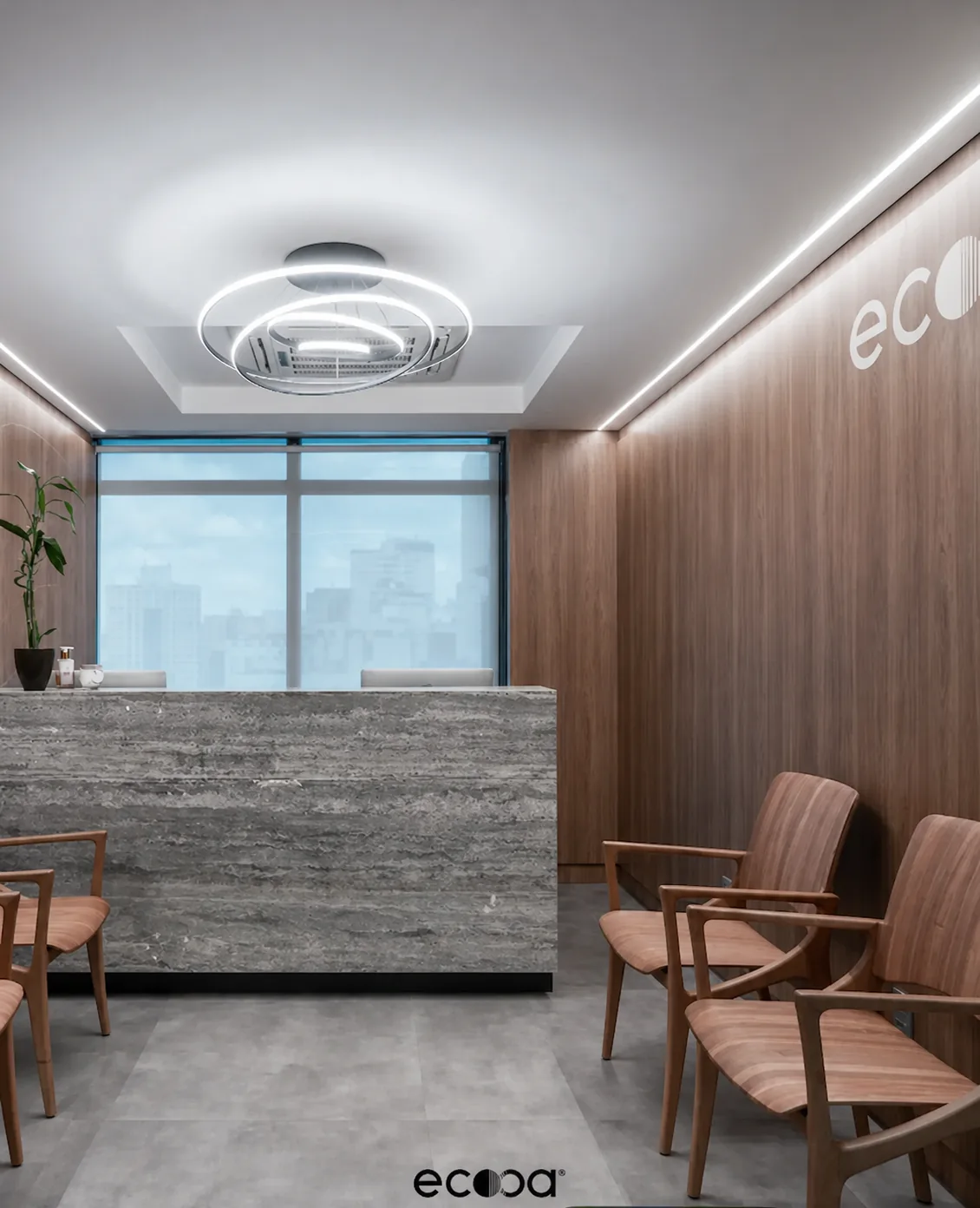 Recepção da ecooa, com balcão de travertino e vista para a cidade