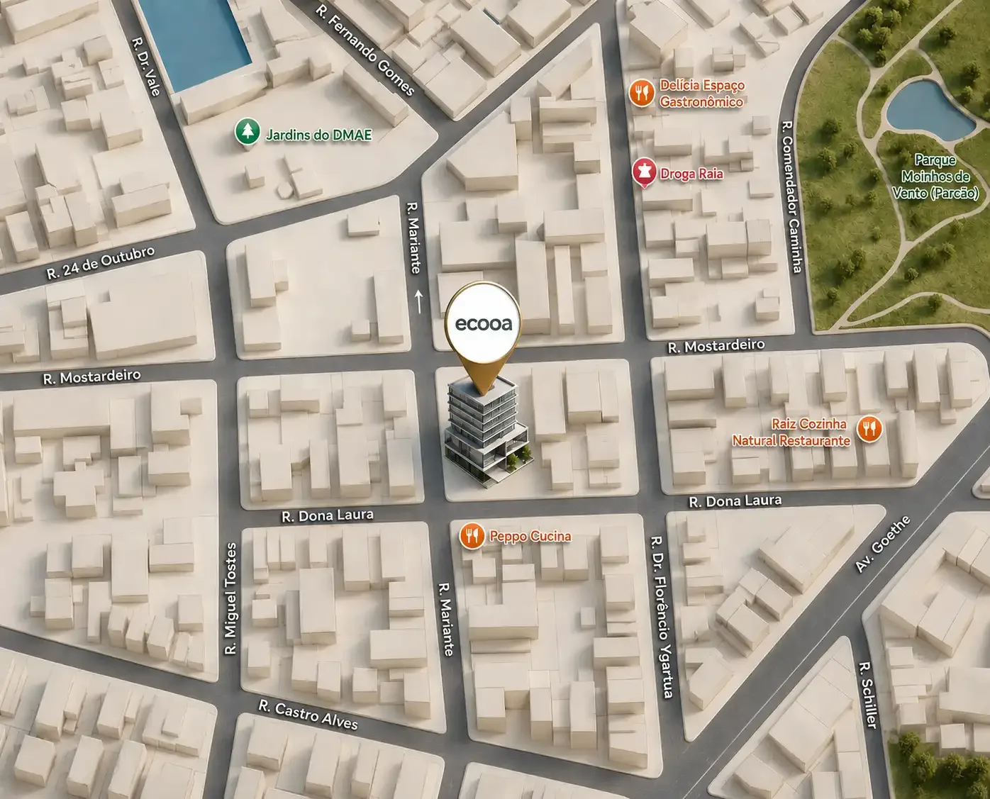 Mapa 3D de Moinhos de Vento com a ecooa marcada na Rua Mariante, 180, entre a Rua Mostardeiro e a Rua Dona Laura, perto do Parcão
